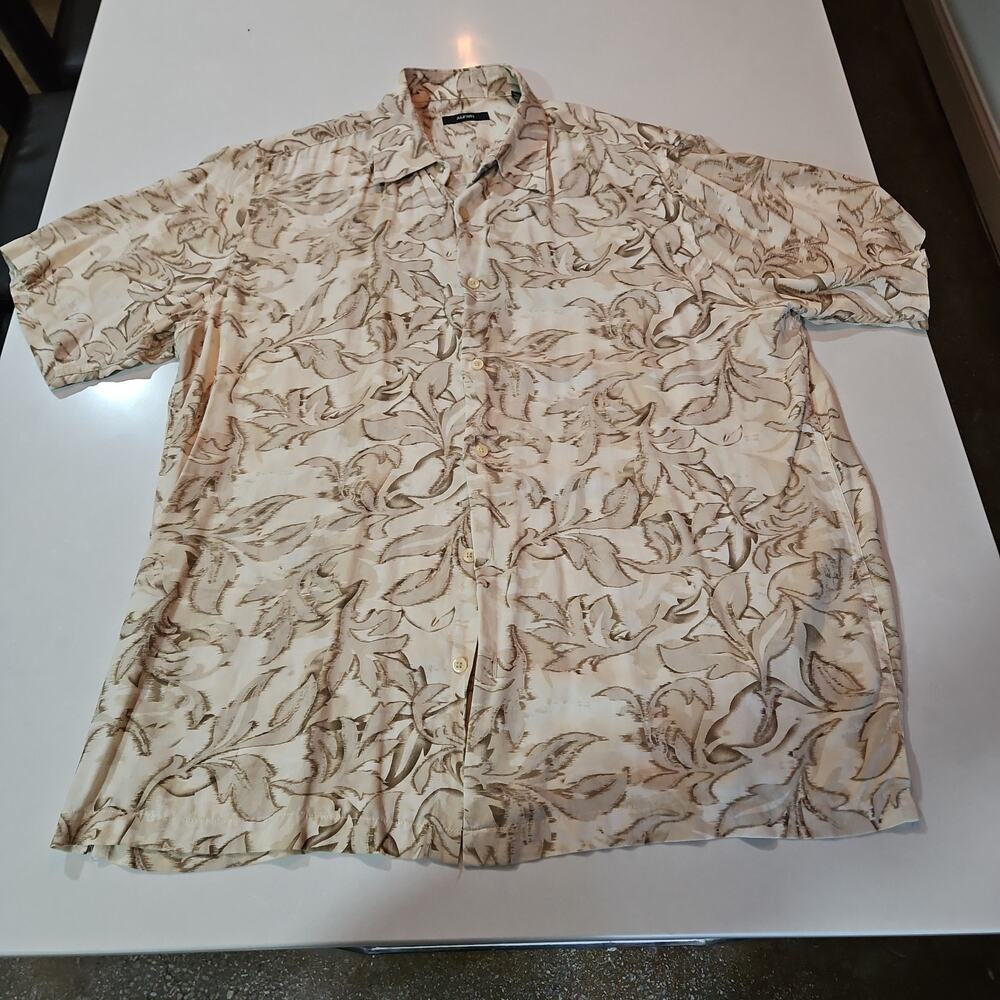 Alfani Mens Hawaiian Shirt Beige Floral Large Silk Short Sleeve Collar Button